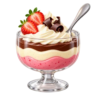 A glass trifle with strawberry, vanilla, and chocolate layers, topped with whipped cream, fresh strawberries, and chocolate curls.